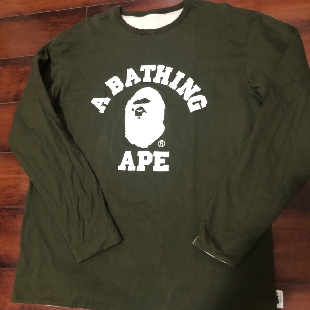 Vintage BAPE A Bathing Ape college green logo tee long sleeve reversible XL